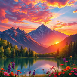 An awe-inspiring landscape illustrating a sunset over majestic mountains, with vibrant orange, pink, and purple hues illuminating the sky