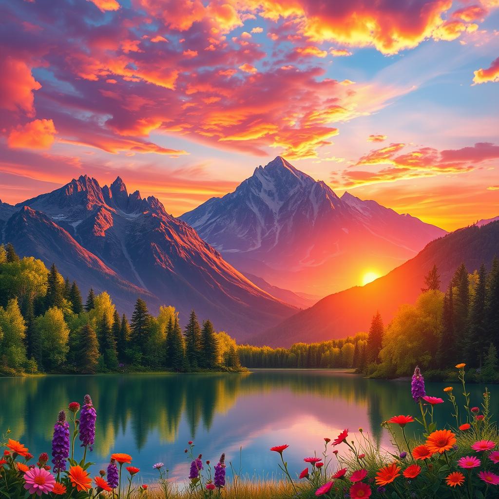 An awe-inspiring landscape illustrating a sunset over majestic mountains, with vibrant orange, pink, and purple hues illuminating the sky