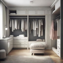 Interior design of a 10x12 foot room, furnished with a worn-out wardrobe and dressing area.