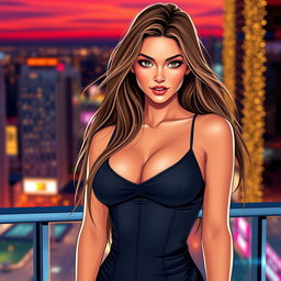 A stunning sexy girl with a confident smile, wearing a stylish and form-fitting outfit