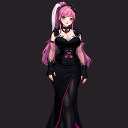 A sexy submissive gothic anime villain bunny girl with a subtle smile and a gentle blush on her cheeks, featuring long pink hair styled in a single ponytail, accented by a stylish black hairpiece