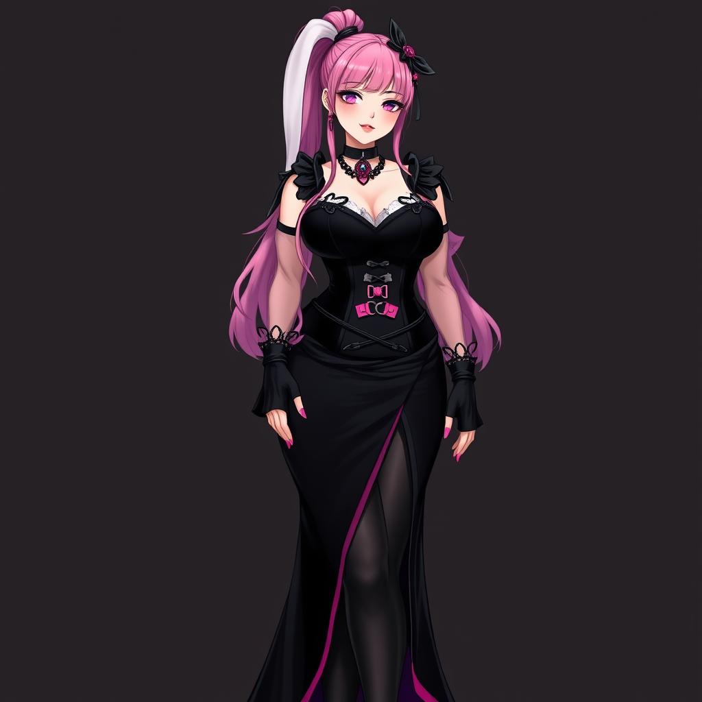A sexy submissive gothic anime villain bunny girl with a subtle smile and a gentle blush on her cheeks, featuring long pink hair styled in a single ponytail, accented by a stylish black hairpiece