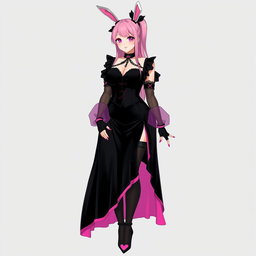 A sexy submissive gothic anime villain bunny girl with a subtle smile and a gentle blush on her cheeks, featuring long pink hair styled in a single ponytail, accented by a stylish black hairpiece