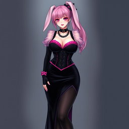 A sexy submissive gothic anime villain bunny girl with a subtle smile and a gentle blush on her cheeks, featuring long pink hair styled in a single ponytail, accented by a stylish black hairpiece