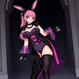 A sexy submissive gothic anime villain bunny girl with a subtle smile and a gentle blush on her cheeks, featuring long pink hair styled in a single ponytail, accented by a stylish black hairpiece