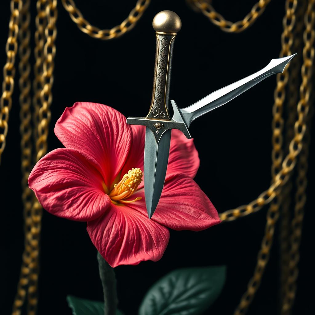 A dramatic scene set against a stark black background, featuring an array of luxurious golden chains that accentuate the depth of the composition