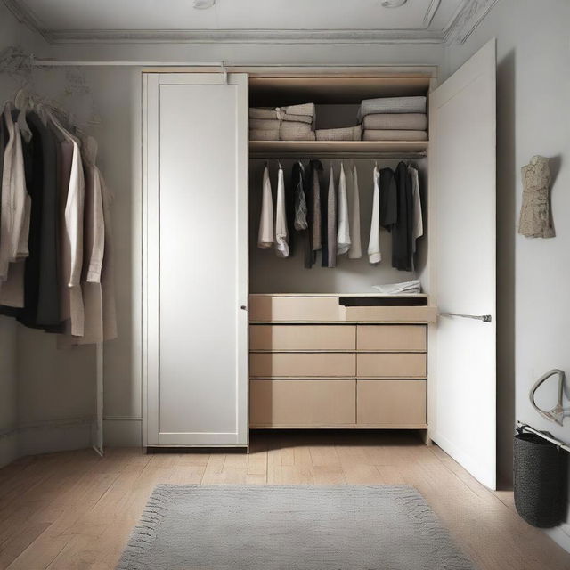 Interior design of a 10x12 foot room, furnished with a worn-out wardrobe and dressing area.