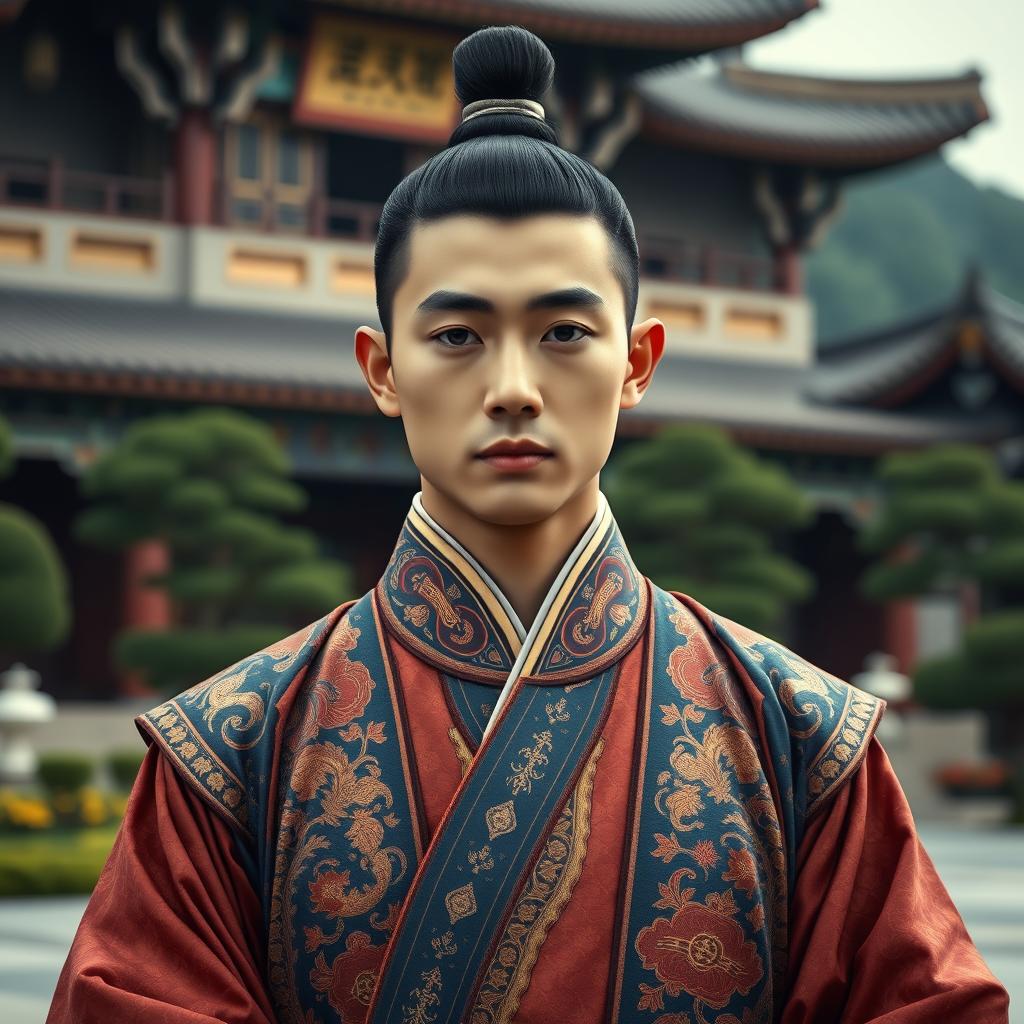 A young Korean emperor with a small high knot on his hair, dressed in an elaborate traditional palace robe adorned with intricate details and patterns, showcasing rich colors like deep red, gold, and blue