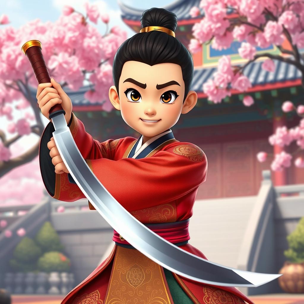 A young animated Korean emperor wielding a sword, showcasing a dynamic pose that exudes confidence and bravery