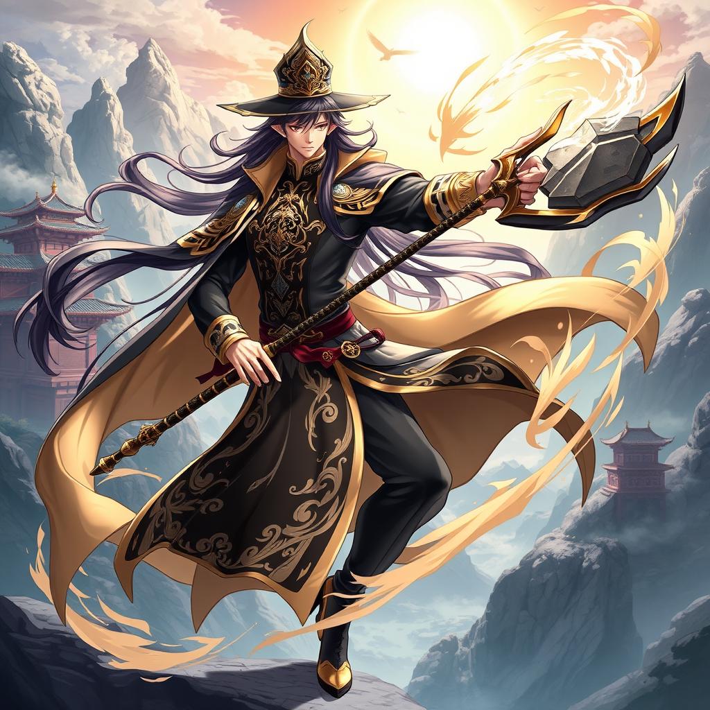 Zhongli from Genshin Impact, depicted in a detailed and dynamic pose, showcasing his elegant and powerful presence