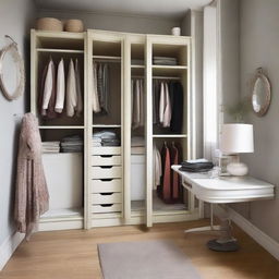 Interior design of a 10x12 foot room, furnished with a worn-out wardrobe and dressing area.