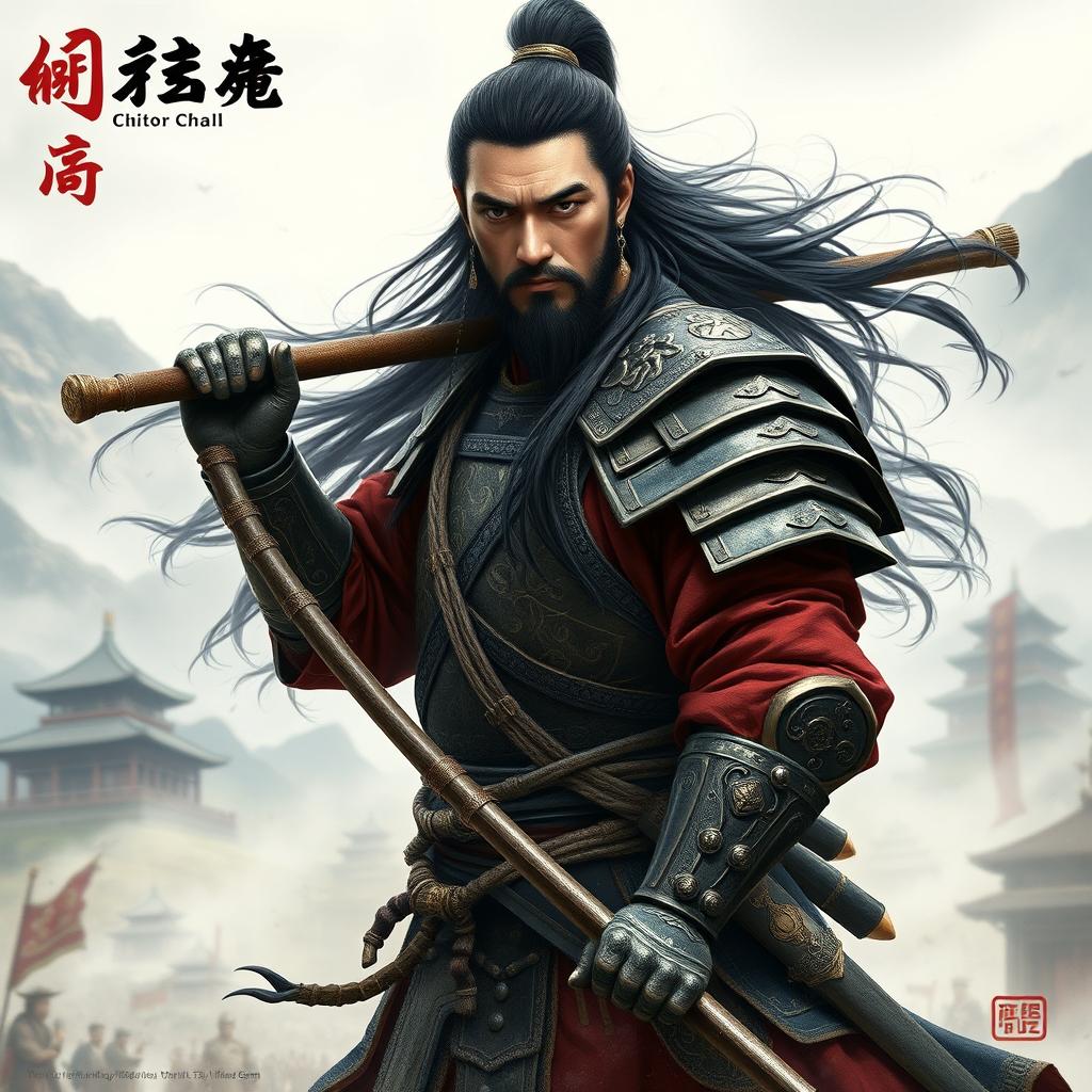 An ancient Chinese soldier with long flowing hair, dressed in traditional armor that reflects the grandeur and detail of historical Chinese military attire