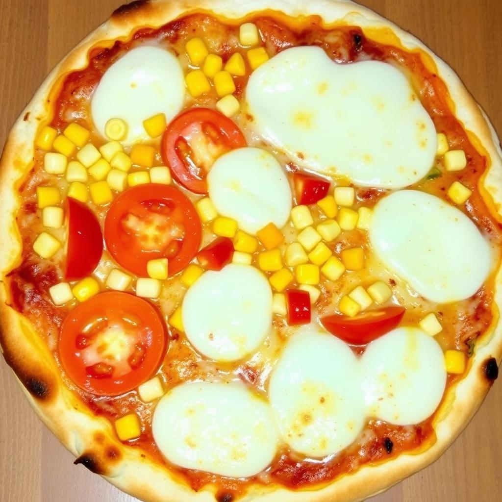 A delicious pizza featuring sweet corn and juicy tomatoes, beautifully arranged with colorful capsicum