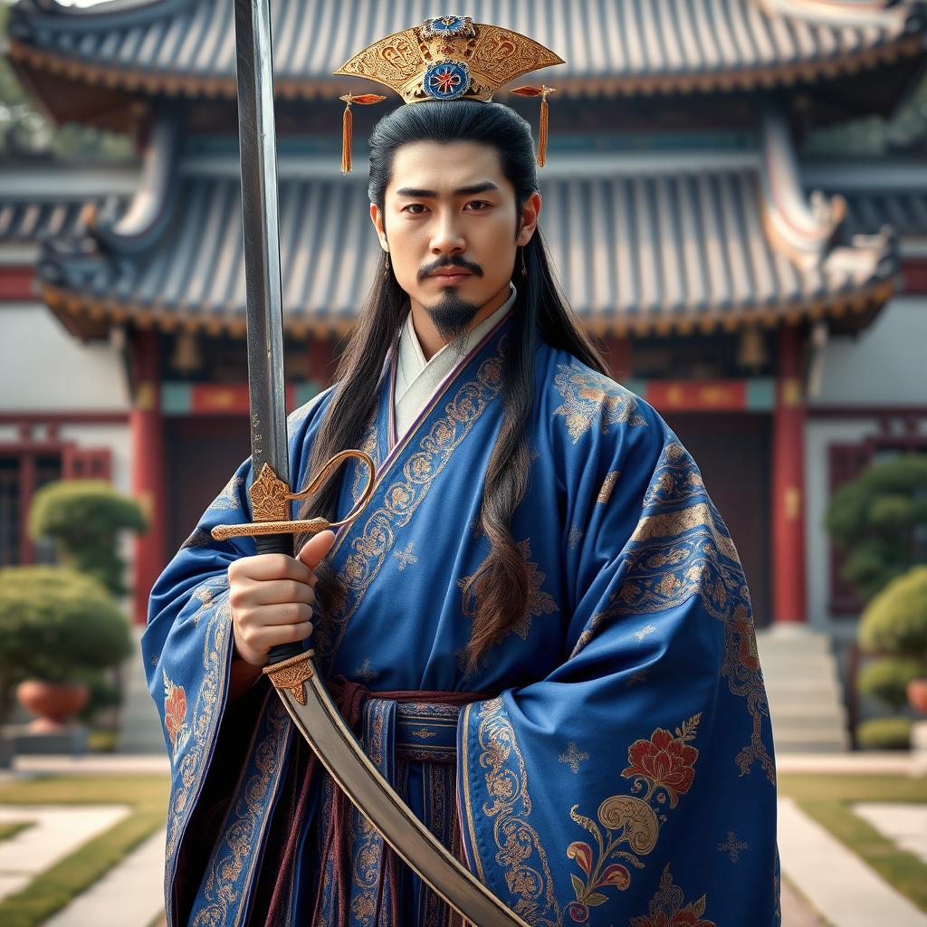 An ancient Korean prince standing proudly with a beautifully crafted sword in hand