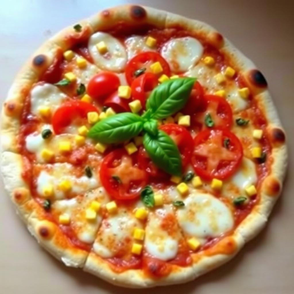 A delicious pizza featuring sweet corn and juicy tomatoes, beautifully arranged with colorful capsicum