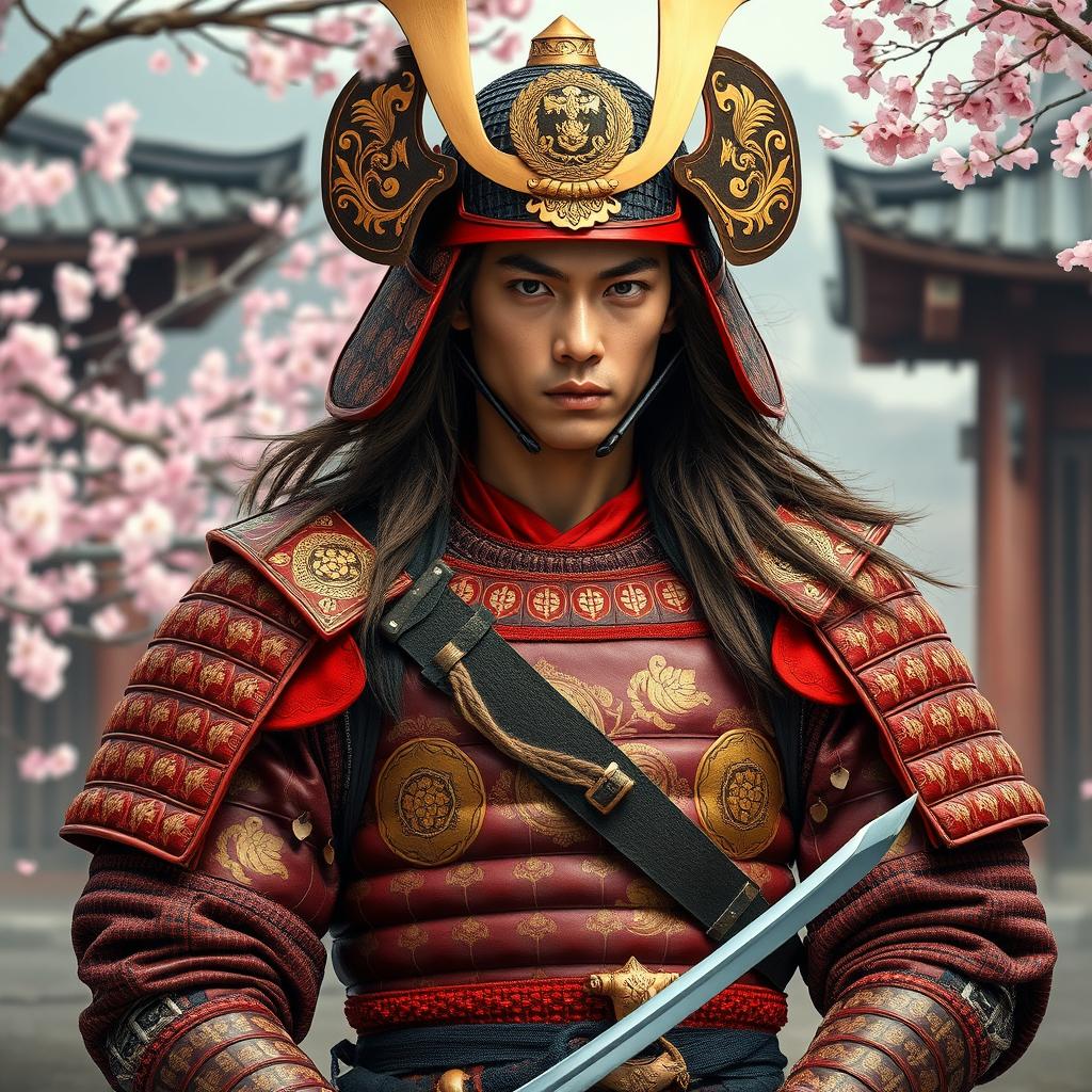 A young man dressed in intricate and visually striking ancient Japanese armor, showcasing a blend of elegance and strength