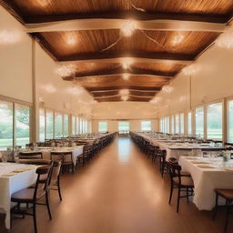 Generate a 41ft by 13ft and 11ft height dining hall with Fashioned lights, a long table, comfortable chairs, elegant shades, and tasteful decor.