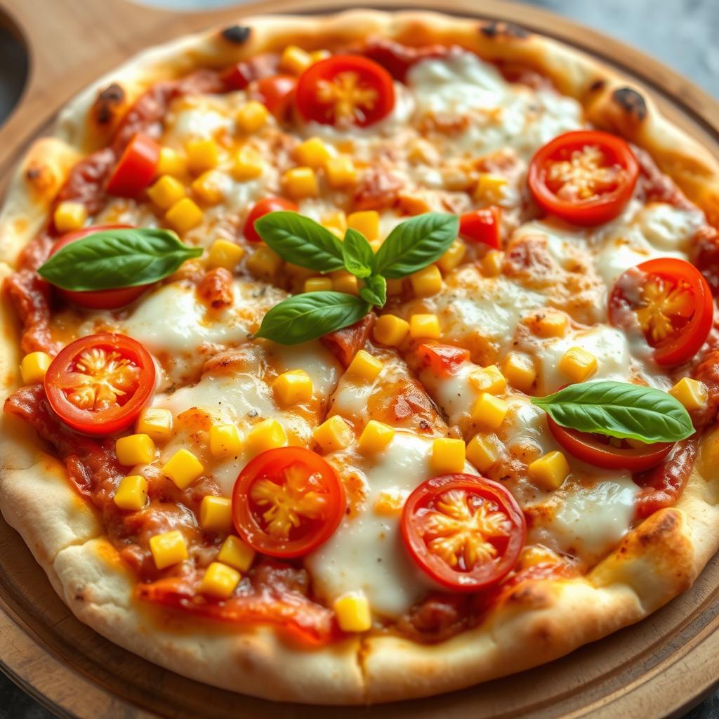 A delicious pizza featuring sweet corn and juicy tomatoes, attractively arranged on a golden-brown crust
