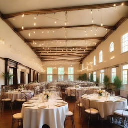 Generate a 41ft by 13ft and 11ft height dining hall with Fashioned lights, a long table, comfortable chairs, elegant shades, and tasteful decor.