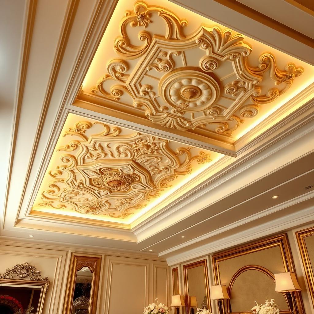 A beautifully designed ceiling showcasing intricate patterns and details, featuring a blend of traditional and modern styles