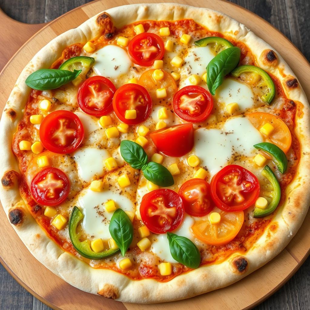 A mouth-watering pizza featuring sweet corn and juicy red tomatoes, artfully arranged alongside sliced green and yellow capsicum for a burst of color
