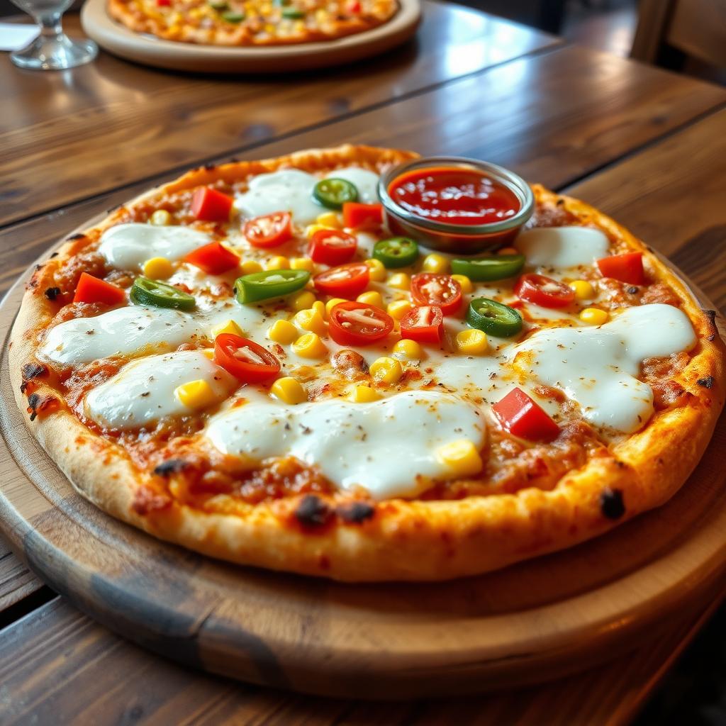 A delicious pizza topped with sweet corn, juicy red tomatoes, and vibrant green capsicum, all covered with gooey melted mozzarella cheese