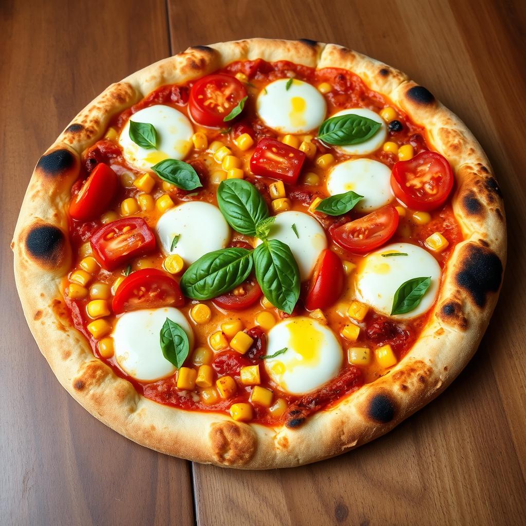 A mouth-watering pizza featuring sweet corn and juicy red tomatoes paired with crisp green capsicum, all generously topped with molten mozzarella cheese