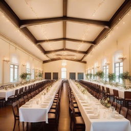 Generate a 41ft by 13ft and 11ft height dining hall with Fashioned lights, a long table, comfortable chairs, elegant shades, and tasteful decor.