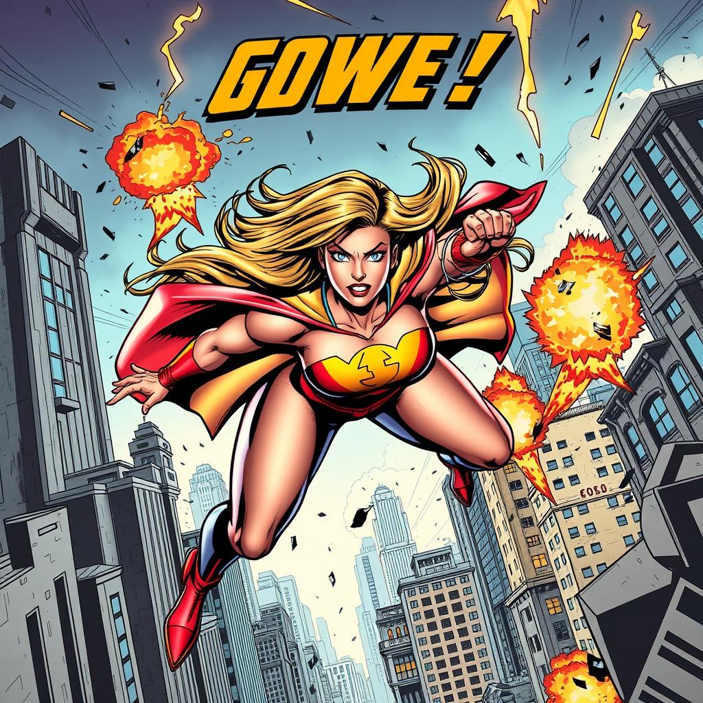 A dynamic comic book cover featuring a powerful superhero in action, showcasing her in mid-flight with a dramatic cityscape in the background