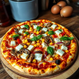 A mouthwatering pizza adorned with a vibrant mix of sautéed onions, fresh mushrooms, sweet corn, creamy paneer cubes, and colorful capsicum, all beautifully melted under a layer of gooey mozzarella cheese