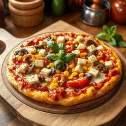 A mouthwatering pizza adorned with a vibrant mix of sautéed onions, fresh mushrooms, sweet corn, creamy paneer cubes, and colorful capsicum, all beautifully melted under a layer of gooey mozzarella cheese
