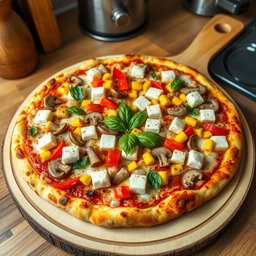 A mouthwatering pizza adorned with a vibrant mix of sautéed onions, fresh mushrooms, sweet corn, creamy paneer cubes, and colorful capsicum, all beautifully melted under a layer of gooey mozzarella cheese