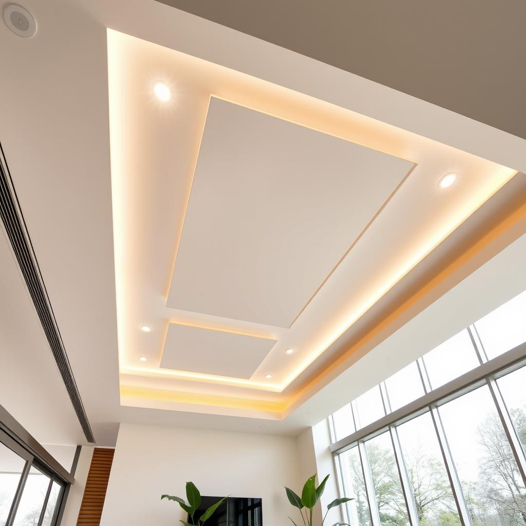 A beautifully designed modern ceiling featuring a blend of minimalist and contemporary styles