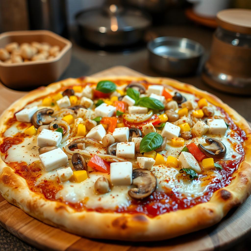 A mouthwatering pizza adorned with a vibrant mix of sautéed onions, fresh mushrooms, sweet corn, creamy paneer cubes, and colorful capsicum, all beautifully melted under a layer of gooey mozzarella cheese