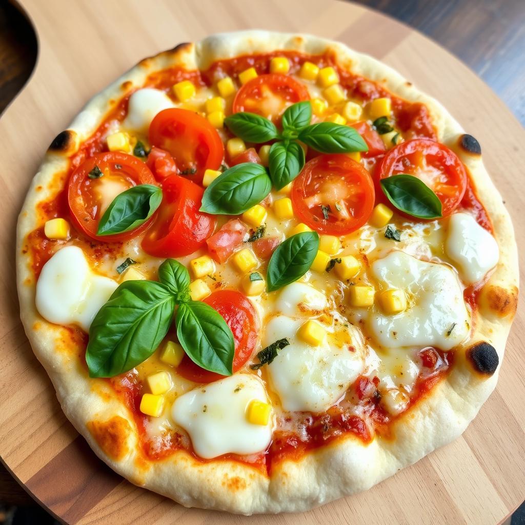 A delectable pizza featuring sweet corn and plump, juicy tomatoes expertly paired with crunchy green capsicum, all topped with a generous layer of stretchy, melted mozzarella cheese