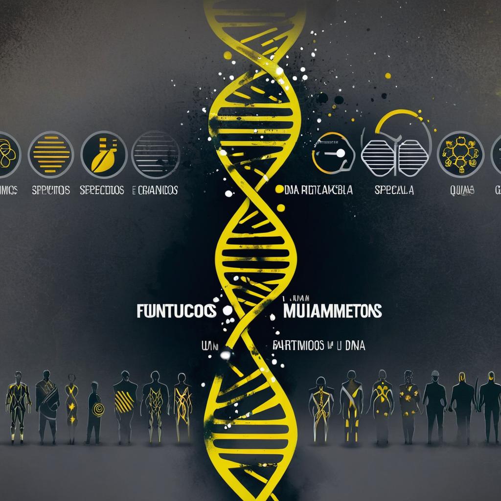 Uma ilustração digital com um fundo escuro e elementos gráficos futuristas e científicos, químicos, orgânicos e biológicos, especialmente focados em DNA e partículas de fragmentos de um composto químico. O título "ETIQU TADOS" é exibido em letras grandes e brancas, com um corte perpendicular ao centro, com um DNA amarelo estilizado no centro substituindo visualmente a letra "E". Embaixo, o subtítulo "Simbiose" aparecerá com o mesmo estilo. As silhuetas de pessoas sombreadas aparecem ao fundo, com olhos brilhantes amarelos, sugerindo uma temática de mutação genética. Pequenos ícones de DNA e figuras humanas modificadas estão espalhados ao redor, reforçando o conceito de evolução e mutação. O design tem uma estética sci-fi com um toque de distopia, utilizando tons escuros e detalhes em amarelo vibrante.