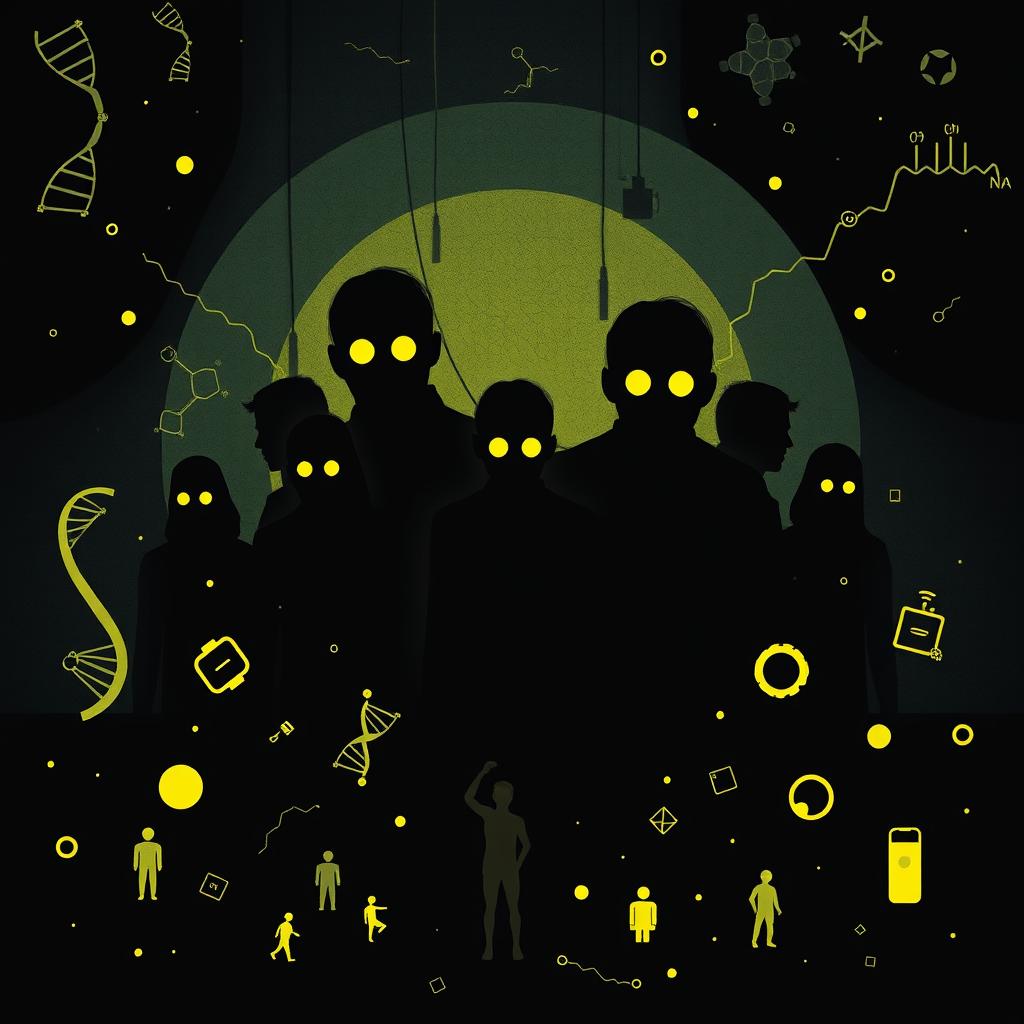 A dark-themed digital illustration featuring futuristic and scientific elements focused on DNA and chemical compounds