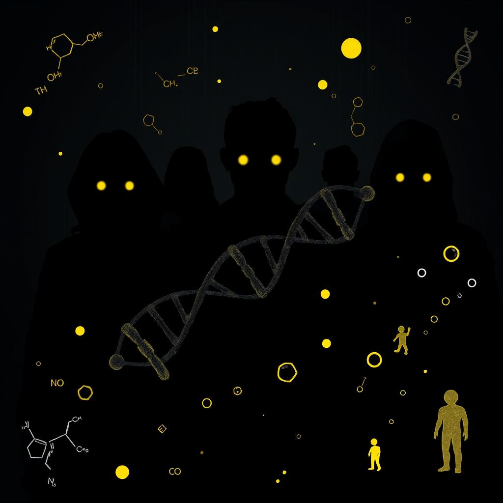 A dark-themed digital illustration featuring futuristic and scientific elements, focusing on DNA and fragments of chemical compounds