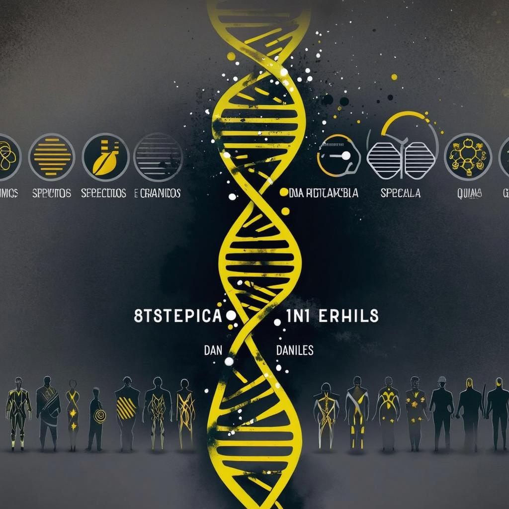 A dark-themed digital illustration featuring futuristic and scientific elements focused on DNA and chemical fragments