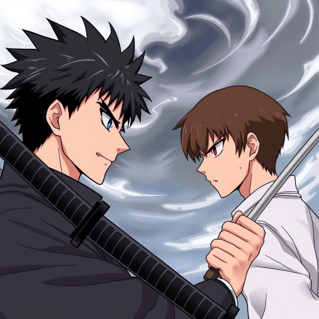 An anime style illustration of two men facing each other in an intense standoff