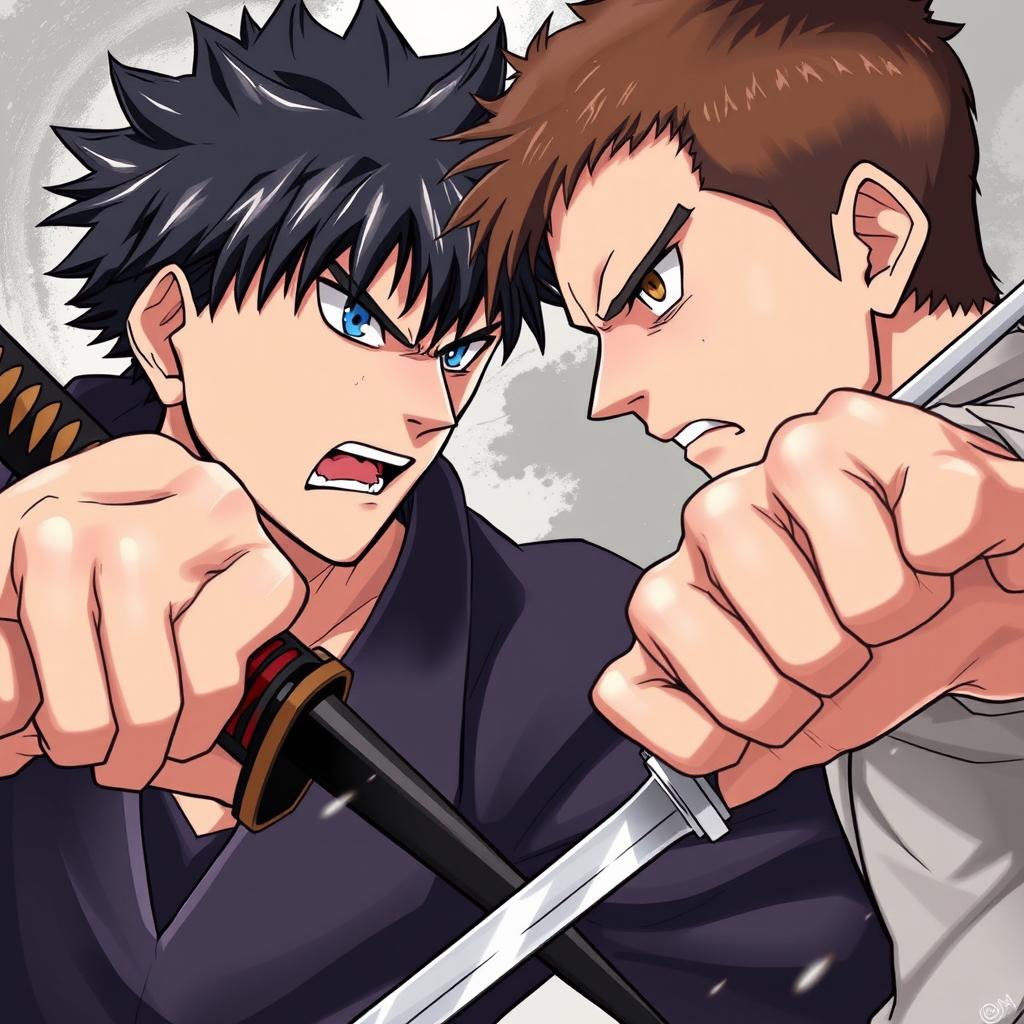 An anime-style illustration depicting a tense confrontation between two men