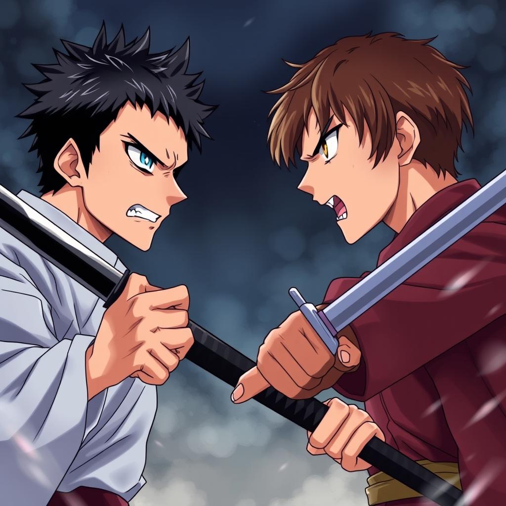 An anime-style illustration showcasing a tense face-off between two men