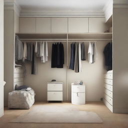 Interior design of a 10x12 foot room, furnished with a worn-out wardrobe and dressing area.