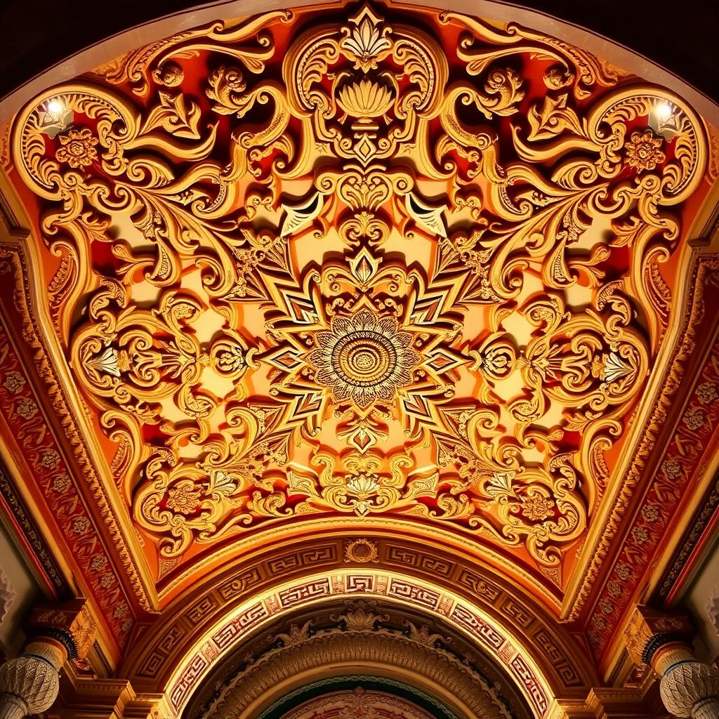 A beautifully intricate mandir ceiling design featuring traditional Indian motifs and patterns