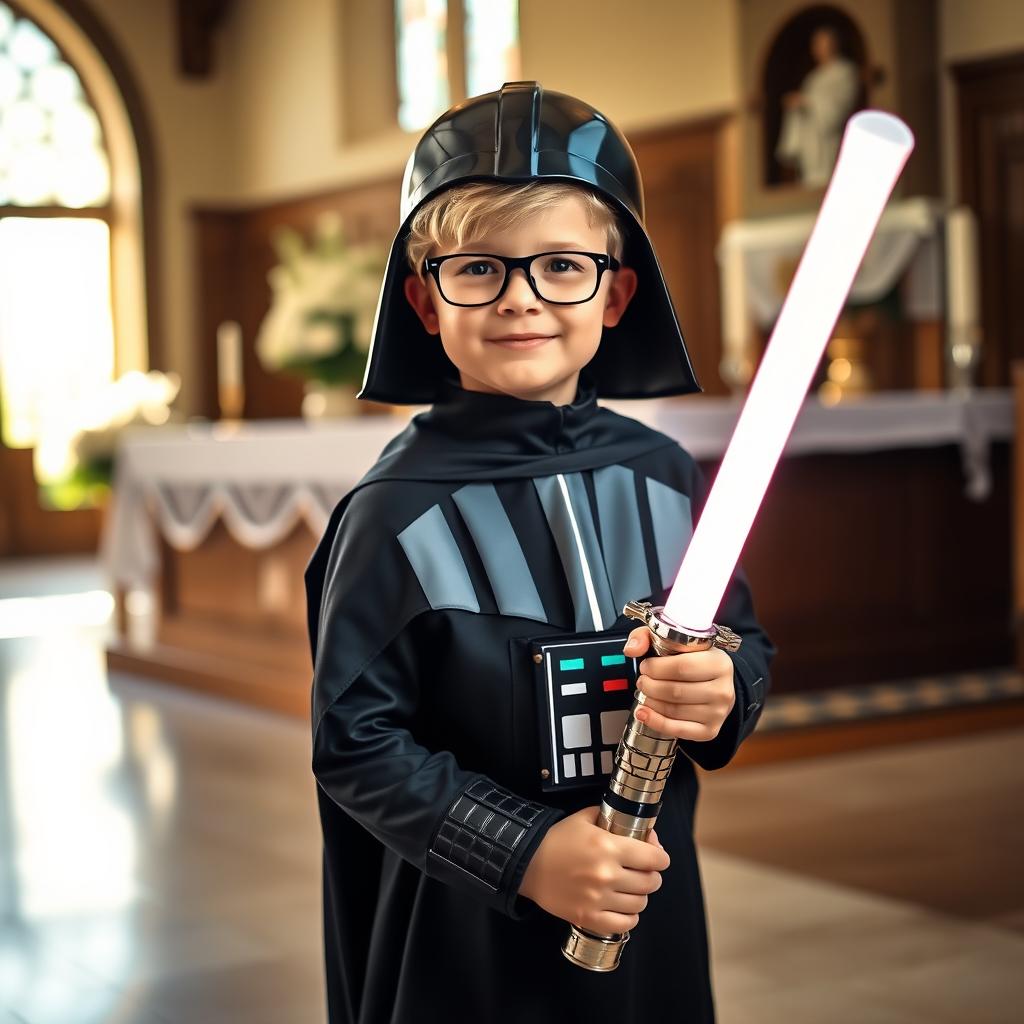 A cute young boy with blonde hair and glasses, dressed in a playful Darth Vader costume complete with a cape and helmet, holding a glowing lightsaber