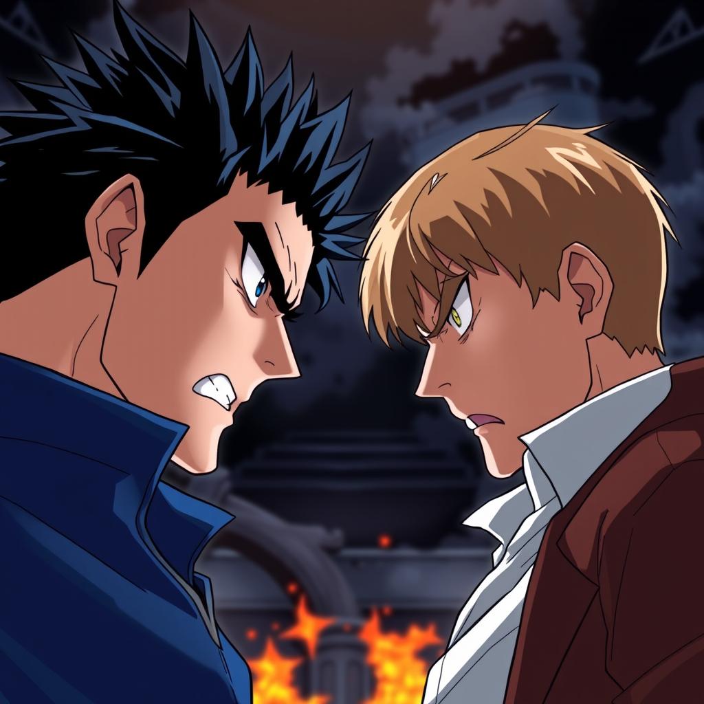 An anime-style illustration capturing an intense stare-down between two men