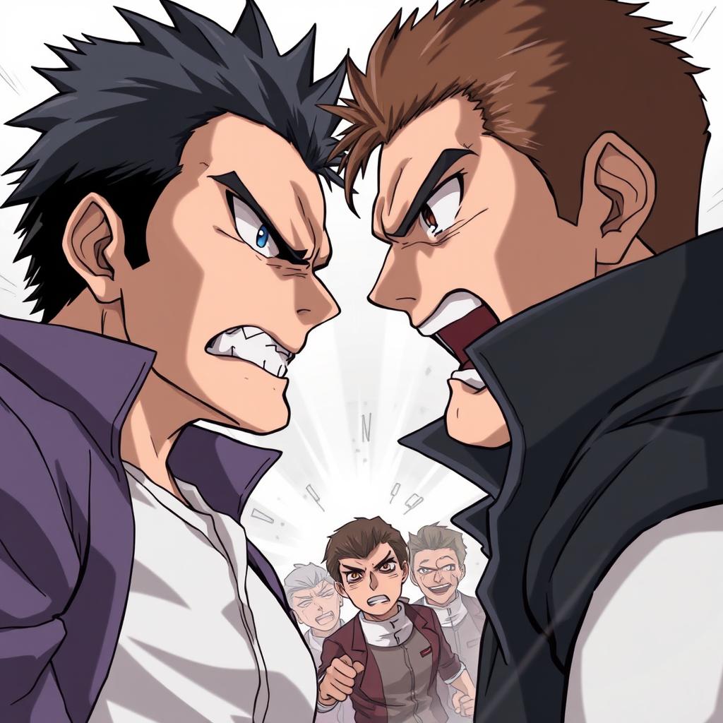 An anime-style illustration depicting a fierce confrontation between two men