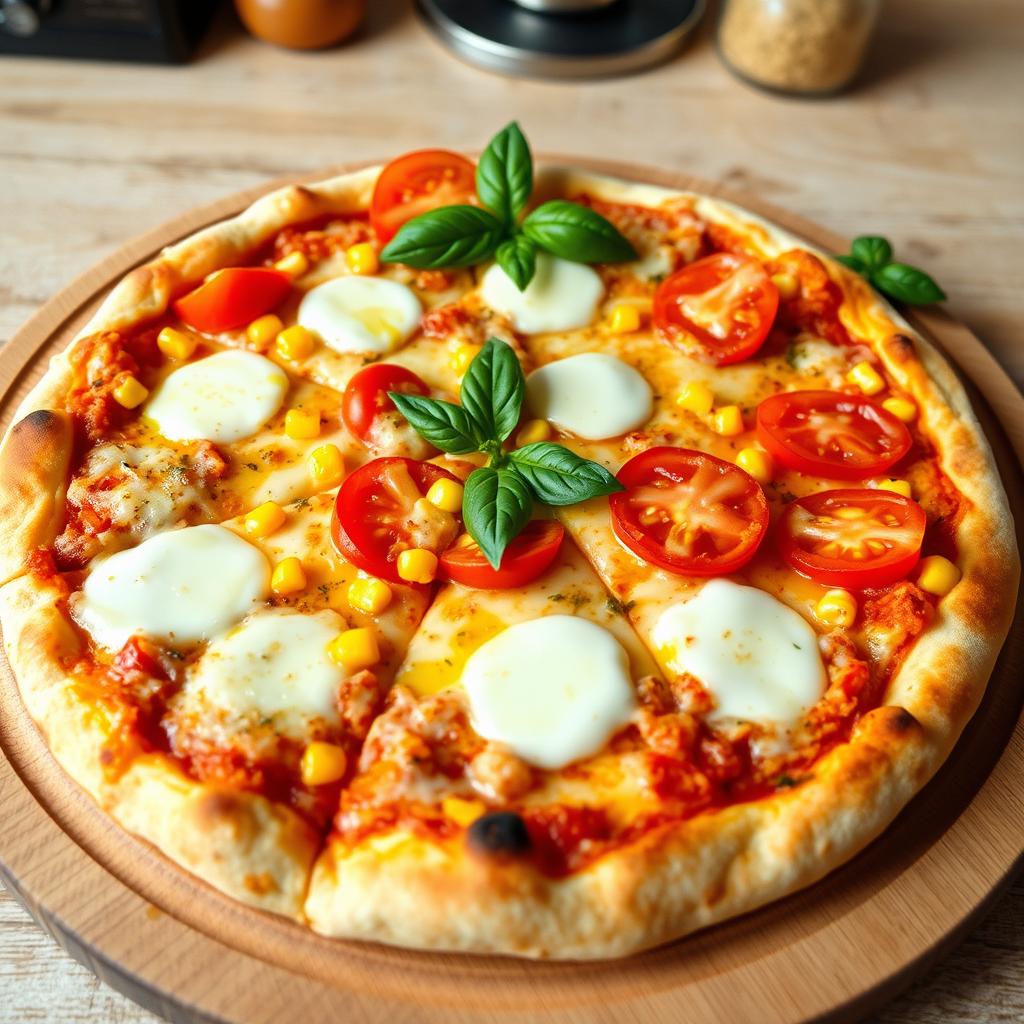 A scrumptious pizza featuring sweet corn and juicy red tomatoes harmoniously combined with crisp green capsicum, generously topped with bubbling melted mozzarella cheese