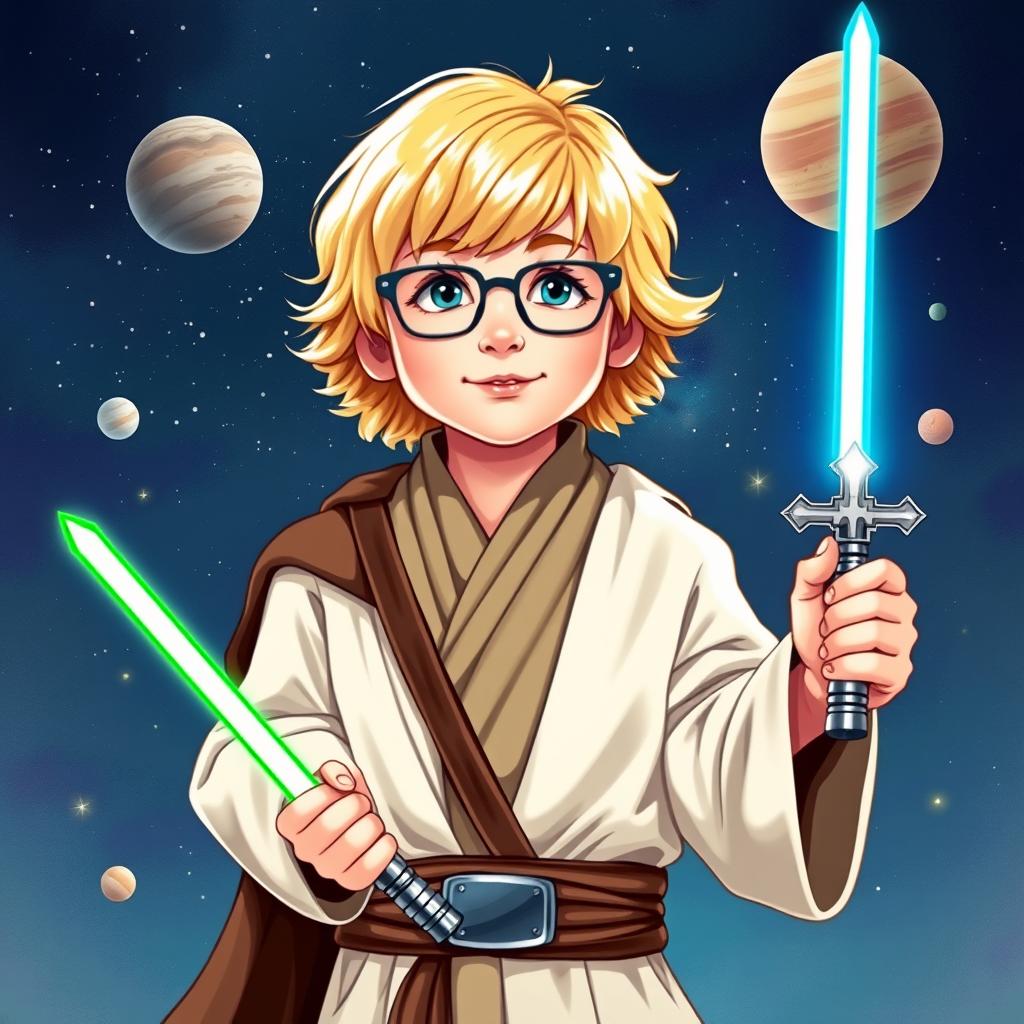 A 10-year-old blonde boy wearing Luke Skywalker attire, complete with a Jedi robe and a lightsaber in his right hand, holding a Catholic cross in his left hand