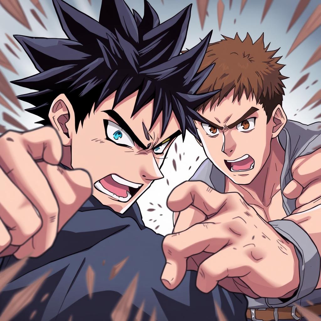 An anime-style illustration depicting an epic battle between two men